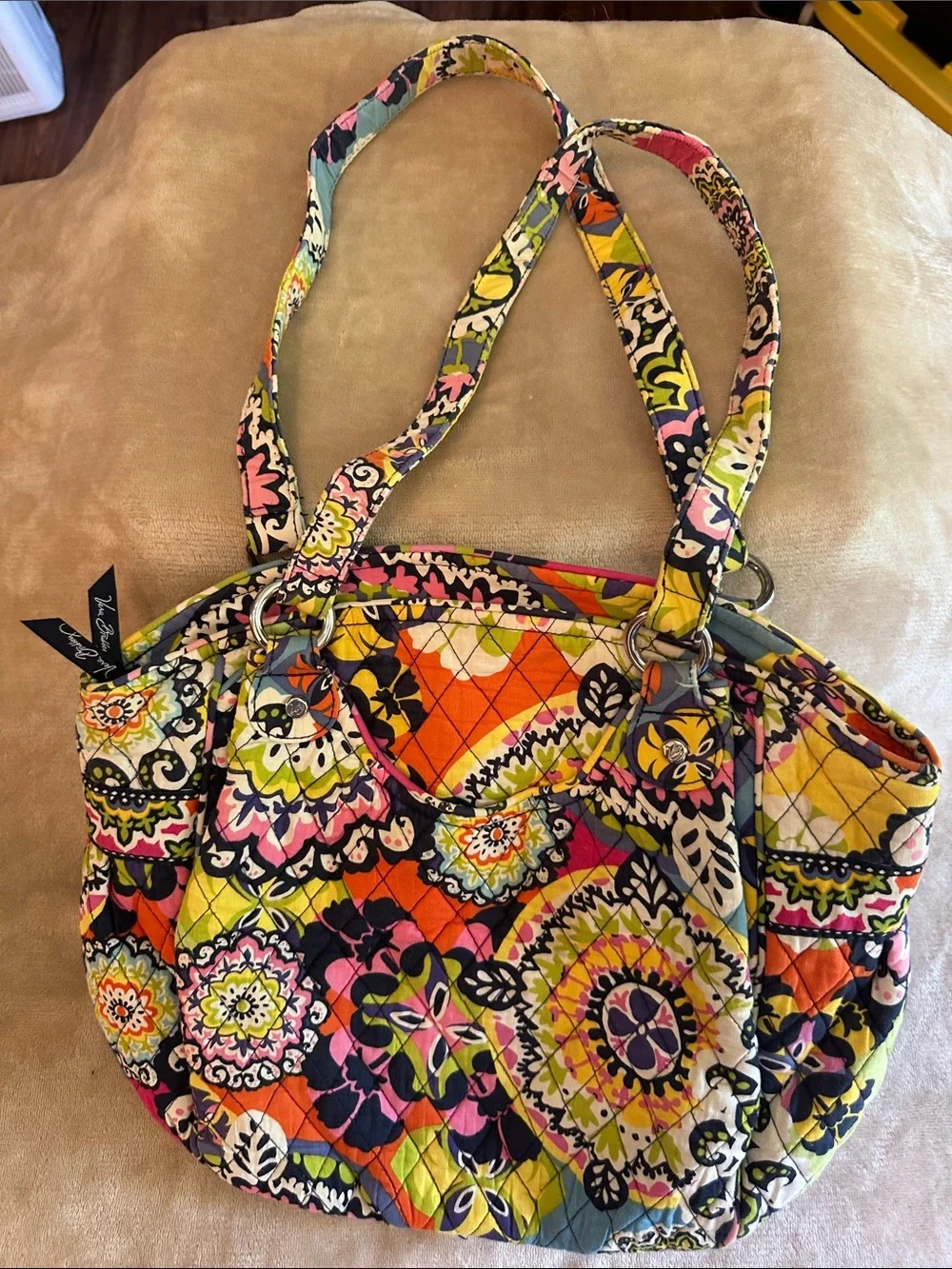 Vera Bradley Bright Floral Quilted Tote in Pink, Orange, Yellow & Green